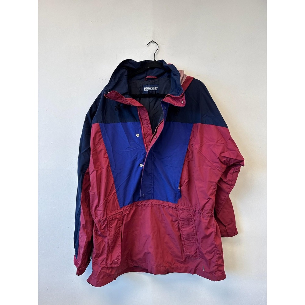 Vintage Lands End Jacket‎ Mens Large Red Navy Hooded Nylon Pullover Anorak 90s